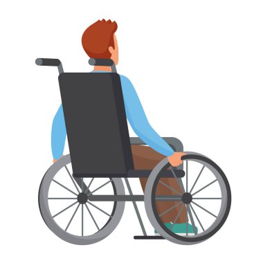 Özürlü genç bir çocuk. Tekerlekli sandalyede oturan adam, yürüyen problem vektör karikatürü çizimi