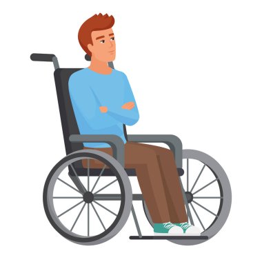 Tekerlekli sandalyedeki kafası karışmış adam. Tekerlekli sandalye vektör karikatüründe oturan adam.