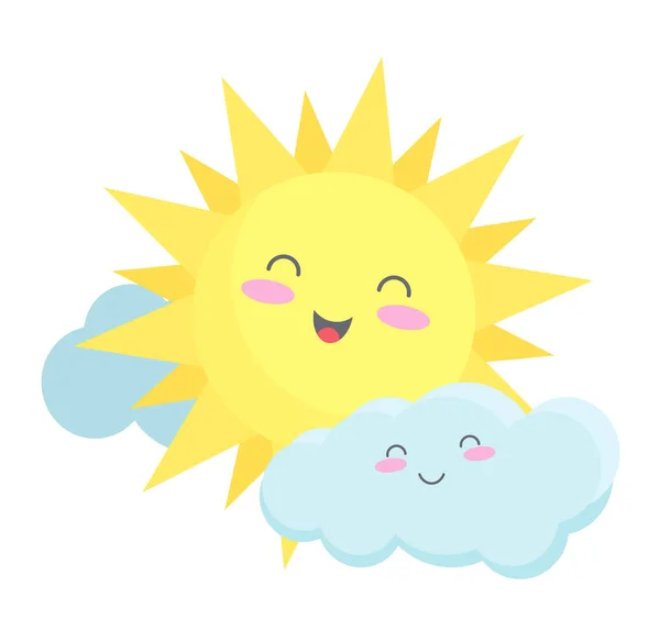 Niedliche Sonne Und Wolken Lächelndes Kindliches Wetter Fröhliche Emotionen Ausdruck — Stockvektor