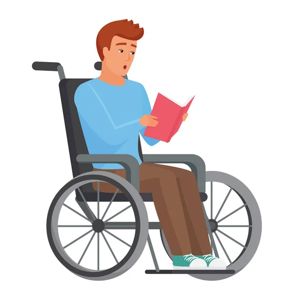 障害者は本を読んでいる 車椅子に座っている少年を学ぶベクトル漫画イラスト — ストックベクタ