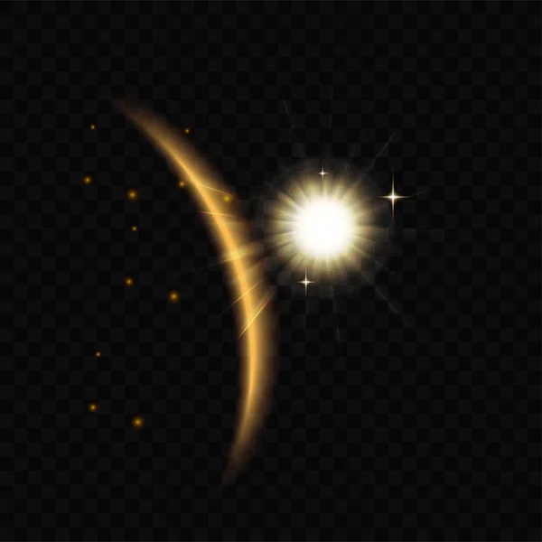 Golden luminous eclipse in dark space vector illustration. Abstract curve planet edge with glowing light effect, flare sparkles and burst of beams on orbit from sun, magic explosion in universe