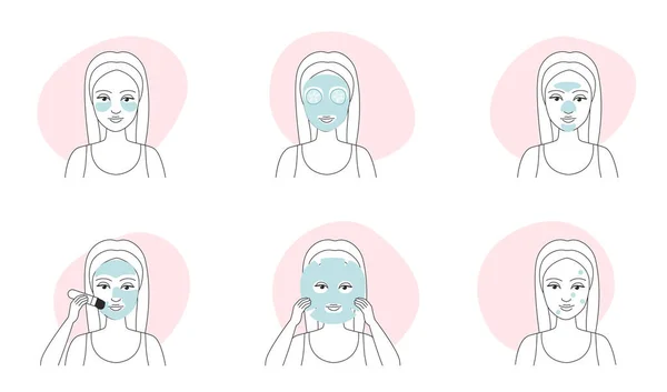 Obličejové Masky Kosmetické Ošetření Tenké Čáry Ikony Nastavit Vektorové Ilustrace — Stockový vektor