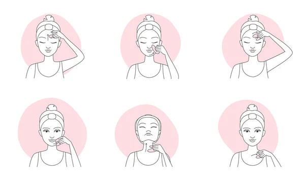 Gua Sha Massaggio Infografica Linea Icone Vettoriale Illustrazione Mano Disegnato — Vettoriale Stock