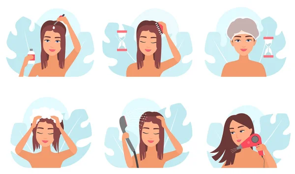 stock vector Hair beauty treatment, steps of spa procedures set vector illustration. Cartoon girls apply oil essence, massage with comb and wash with water and shampoo in shower, dry wet hair with hairdryer