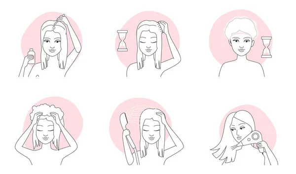 Hair Care Treatment Steps Oil Application Thin Line Icons Set — Stock Vector