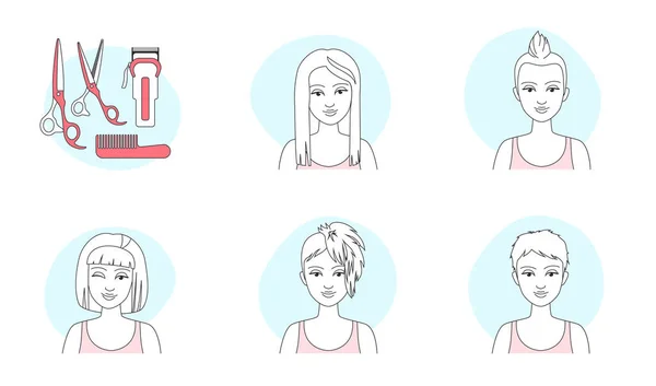 Kadın Saç Kesimleri Vektör Illüstrasyonunu Belirler Farklı Saç Stilleri Olan — Stok Vektör
