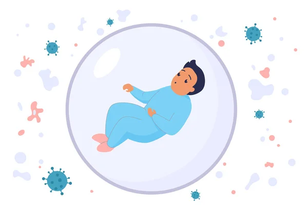 健康保護ベクトルイラストのための安全バブルの子供 保護シールド内の漫画新生児 ウイルス アレルギーや感染症 呼吸器疾患からの子供のための医療保護 — ストックベクタ