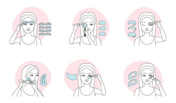 Como Usar Estêncil Maquiagem Tutorial Infográfico Set Vector Illustration Mulher — Vetor de Stock