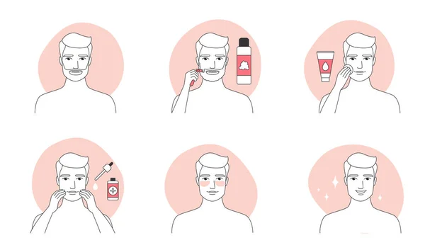 Skincare Routine Steps Man Bathroom Line Icons Set Vector Illustration — Stock Vector