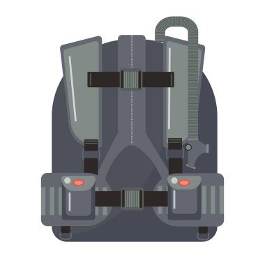 Tüplü dalış çantası. Dalgıç sualtı ekipmanı, dalış malzemesi vektör karikatür çizimi