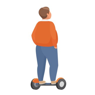 Obez adam kendini dengeleyen scooter kullanıyor. Tombul adam elektrikli scooter vektör karikatür çizimi kullanıyor