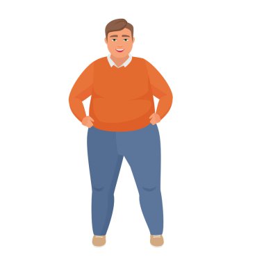Kendine güvenen şişman adam. Ciddi obez adam ayakta duruyor vektör karikatür çizimi