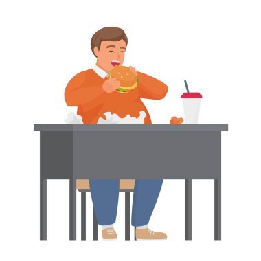 Şişko adam abur cubur yiyor. Sağlıksız fast food, obez çocuk vektör çizimi
