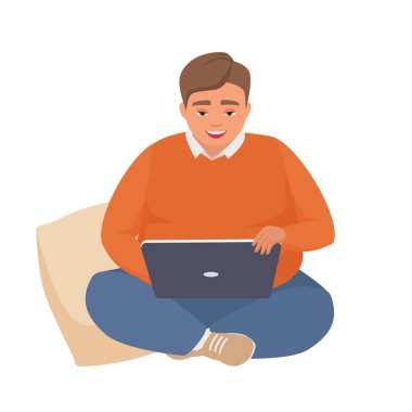 Dizüstü bilgisayarda çalışan şişman bir adam. Obez adam serbest çalışan vektör çizim çizimi