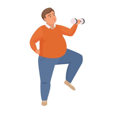 Şişman adam spor yapıyor. Obez çocuk eğitim fitness, kilo verme programı vektör çizim çizimi