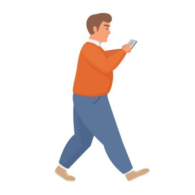 Akıllı telefonlu yürüyen şişman adam. Obez çocuk mobil vektör karikatür çizimi kullanıyor