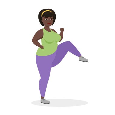 Şişman kadın eğitimi. Obez kadın vektör çizimleri için spor kilo verme programı