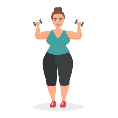 Egzersiz yapan şişman kadın. Obez kadın spor yapıyor, kilo kaybı programı vektör çizimleri yapıyor
