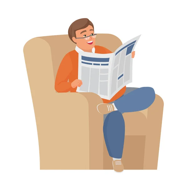 Χοντρούλης Διαβάζει Εφημερίδα Παχύσαρκος Άνθρωπος Κάθεται Πολυθρόνα Διανυσματική Απεικόνιση Κινουμένων — Διανυσματικό Αρχείο
