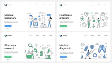 Tıbbi laboratuvar teşhisi ve sağlık sigortası programı, farmakolojik ve tıbbi araştırma vektör çizimi. Çizgi filmlerdeki küçük hastalar sağlık ve tedavi için doktorları ziyaret ediyorlar.