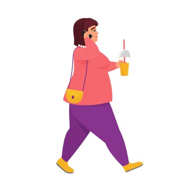 Yürüyen şişman kadın telefonda konuşuyor. Şişman kadın yürüyüş vektörü çizimine gidiyor.