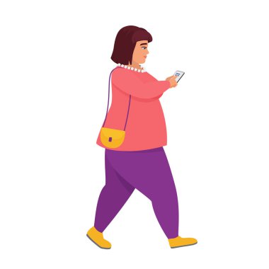 Sosyal medyayı kullanan şişman bir kadın. Artı akıllı telefon vektör çizimleriyle yürüyen boyunda bir kız.