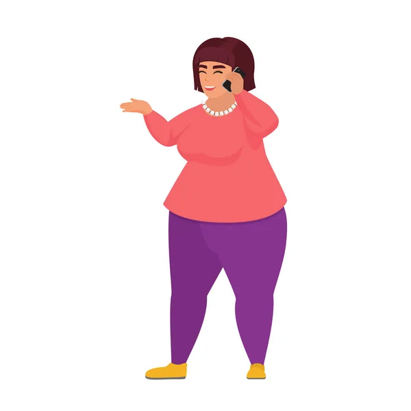 Смеющаяся Толстуха Ожирение Женщина Говорит Телефону Плюс Размер Девушки Векторный — стоковый вектор
