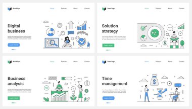 Dijital çözümler ve çevrimiçi iş, analiz ve zaman yönetimi için strateji vektör illüstrasyonunu belirledi. Çizgi film küçük analistleri denetim raporlama servisi ile çalışır, grafikleri ve perspektif eğilimlerini analiz ederler