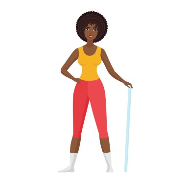 Aerobik jimnastik hocası. Kadın jimnastik hocası, spor salonu vektör karikatür çizimi.