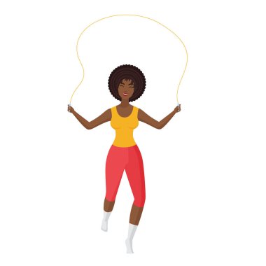 İp atlayan kadın fitness eğitmeni. Kardiyo spor programı, beden eğitimi koçu vektör karikatür çizimi