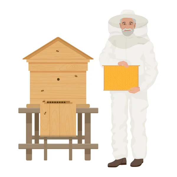 蜂蜜と養蜂家 自然蜂蜜の生産 任意のビジネスファームベクトルの漫画のイラスト — ストックベクタ