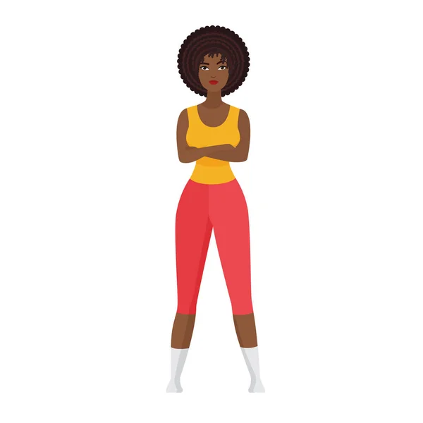 自信的女性健身教练 运动教练员站立姿势与交叉双手矢量卡通画 — 图库矢量图片