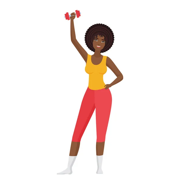 ダンベルを持つハッピーフィットネストレーナー 女性スポーツトレーニングセッションベクトル漫画イラスト — ストックベクタ