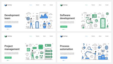 Dijital projelerin ve yazılımın geliştirilmesi, otomasyon süreci vektör illüstrasyonu. Çizgi film küçük insanlar açık kaynak, araçlar ve robotlar ile mobil uygulama ve program mimarisi geliştirmek ve test