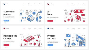 İş geliştirme, takım süreci başarısı, yapay zeka teknolojisi vektör çizimi. Çizgi filmlerdeki küçük insanlar çözüm taşıma bandıyla çalışıyorlar, şirket ve yazılım sisteminin dijital altyapısını geliştiriyorlar.