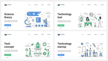 Bilimsel kuram, teknolojik girişim ve modern bilim teknolojisi üzerine çalışmak vektör illüstrasyonunu belirler. Çizgi filmdeki küçük insanlar teknik proje roketi fırlatıyorlar, bilim adamları hücre örneklerini mikroskopla inceliyorlar.