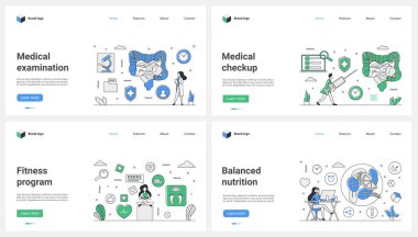 Hastanede doktor, sağlık ve form programı, dengeli diyet vektör çizimi gibi teşhisler var. Çizgi filmlerdeki küçük insanlar sağlıklı yaşam ve beslenme için mobil uygulamalarla çalışıyorlar.