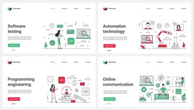 Yazılım testi, programlama ve mühendislik otomasyonu, çevrimiçi iletişim ve kullanılabilirlik vektör çizimi. Çizgi film küçük mühendisleri program kodlarıyla çalışır, robot insanlara hata bulmada yardım eder
