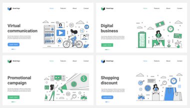 Çevrimiçi kampanya, dijital iş ve sanal alışveriş, sohbet iletişimi vektör çizimi. Çizgi filmlerdeki küçük insanlar indirimli mağazalardan, megafonlu reklam ürünlerinden alıyorlar.