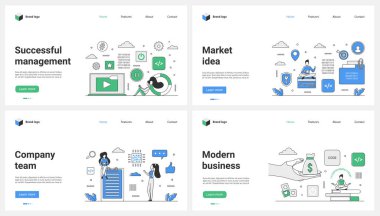 Modern iş dünyasının fikir yönetimi, şirket takımı vektör çizimi. Çizgi filmlerdeki küçük insanlar dijital piyasa raporları, yaratıcı beyin fırtınaları ve ofiste proje geliştirme ile çalışıyorlar.