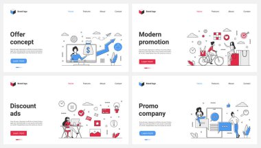 Modern reklam kampanyası, indirimli teklifler, online promosyonlar, vektör illüstrasyonları. Çizgi filmlerdeki küçük insanlar alışveriş için mobil uygulamalar ve sosyal medya kullanıyor, mal ve hizmet almak için bisiklet kullanıyorlar.