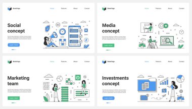 Sosyal medyada profesyonel pazarlama ekibinin çalışması, yatırım analizi vektör illüstrasyonunu belirledi. Çizgi filmlerdeki küçük insanlar dijital ürünleri megafonla tanıtıyorlar, internet üzerinden iş görüşmeleri yapıyorlar.