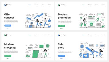 Çevrimiçi alışveriş ve modern mağaza reklamları vektör illüstrasyonu. Çizgi filmlerdeki küçük insanlar hediye almak için dışarı çıkıyorlar fiyatlar düştüğünde ve indirimde indirim olduğunda, müşteriler alışveriş uygulaması vermeyi seviyor.