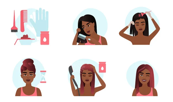 Cartoon Steps Hair Coloring Process Woman Home Dark Skin Girls — Stock Vector