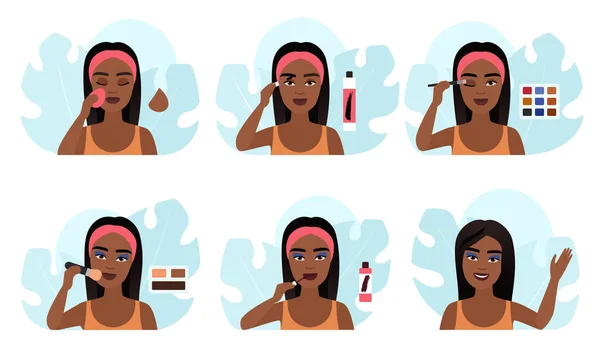 Makeup Set Vector Illustration Dark Skin Girl Apply Foundation Skin — Stock Vector