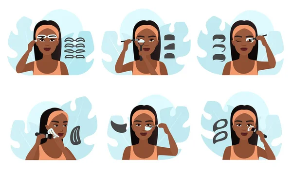 Cómo Utilizar Plantilla Maquillaje Tutorial Infografía Set Vector Ilustración Mujer — Vector de stock