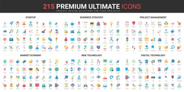 Girişim, proje yönetimi, yeni dijital teknoloji renk düz simgeleri vektör illüstrasyonu. Pazar ekonomisi stratejisinin soyut sembolleri, mobil ve web uygulamaları için basit tasarım organizasyonu