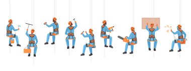 İmalat ve bakım işçileri koşum takımı vektör illüstrasyonunda asılı. Karikatür tecrit edilmiş teknisyenleri, yüksek ekipmanlarla, kemer ve ip koruması olan endüstriyel dağcılarla çalışır.