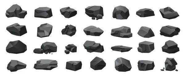 黑煤集矢量图解 从矿山 砾石或石墨堆以及单个石料收集中分离出来的卡通块 玄武岩和无烟煤 木炭堆和铁块 — 图库矢量图片