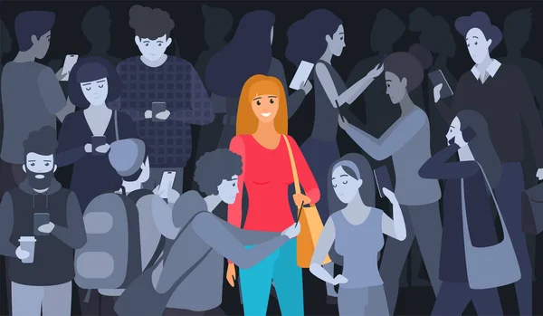 Dijital Detoks Telefon Bağımlısı Vektör Illüstrasyonu Çizgi Filmdeki Mutlu Kız — Stok Vektör
